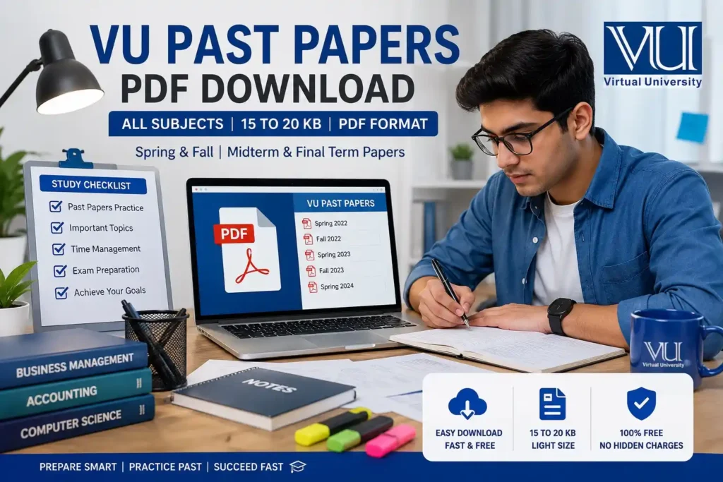 Student studying VU past papers on laptop with organized study materials and PDF documents