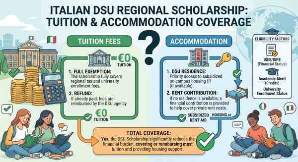 Does the Italian DSU Regional Scholarship Cover Complete Tuition Fees and Accommodation?