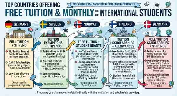 Which Countries Give Free Monthly Pocket Money Along With Free Tuition for International Students?