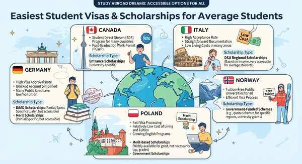 Which Countries Offer Easiest Student Visas and Scholarships for Average Students